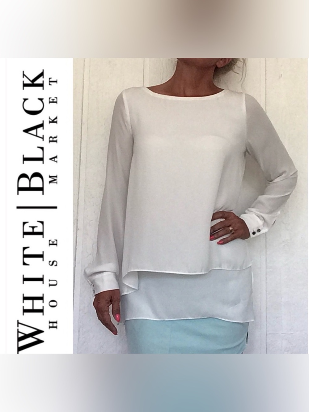 WHBM Classy Chic Elevated Layered Off White Chiffon Open Back Tunic Blouse Sz 8